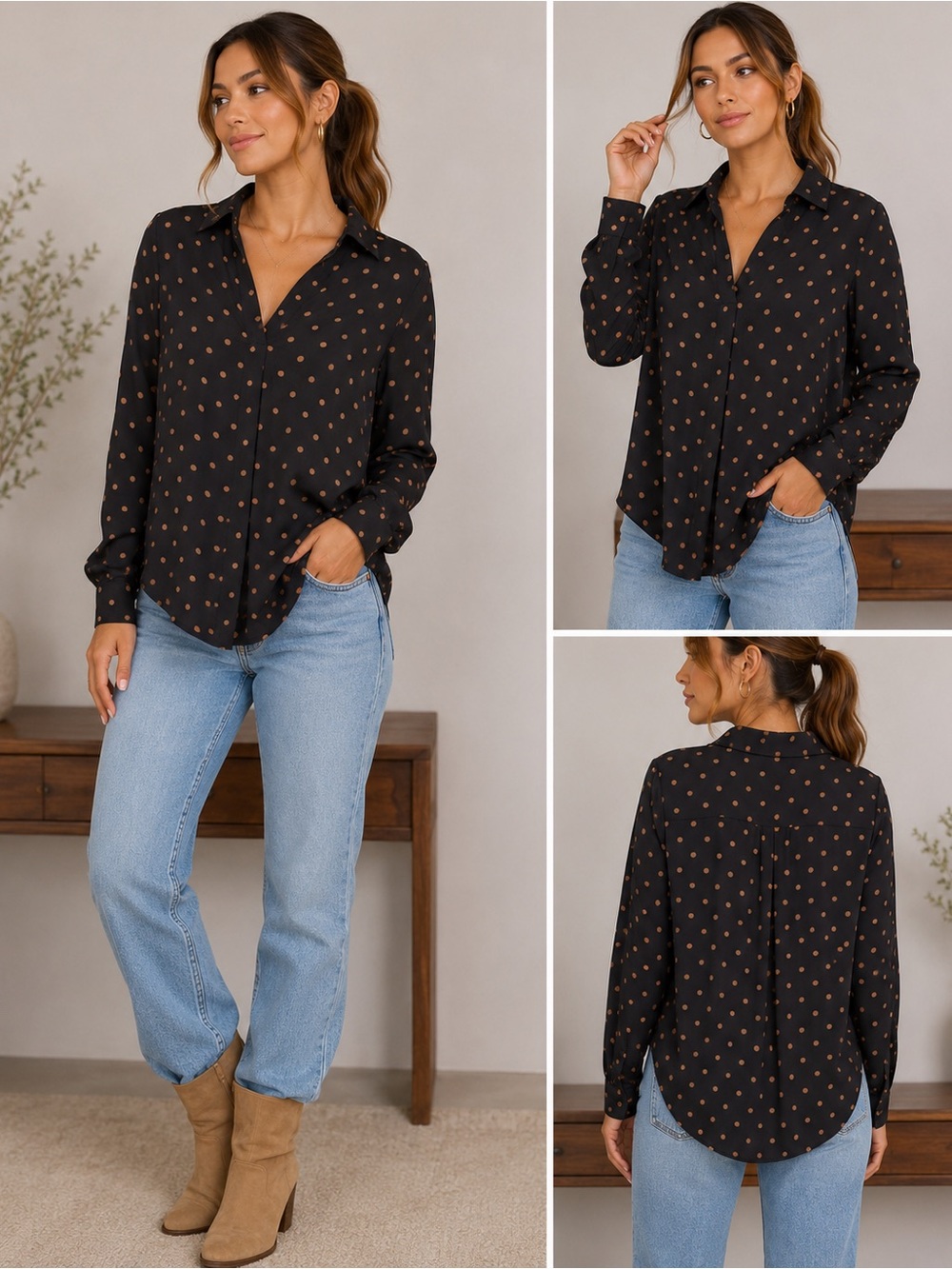 Women’s Black Polka Dot Button-Up Shirt